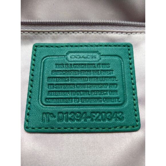 Coach Signature Brown Canvas Teal Leather Trim Zipper Satchel Crossbody Bag - Picture 12 of 14